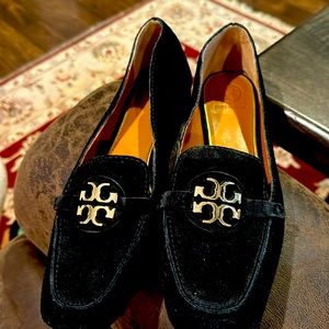 Tory Burch, authentic, size 7.5, black suede with gold logo emblem.